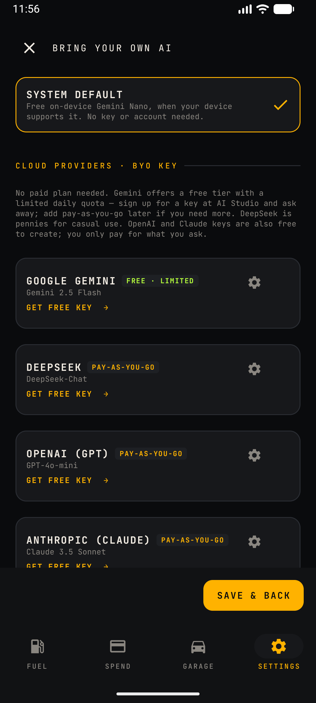 Bring Your Own AI screen — system default and custom provider list