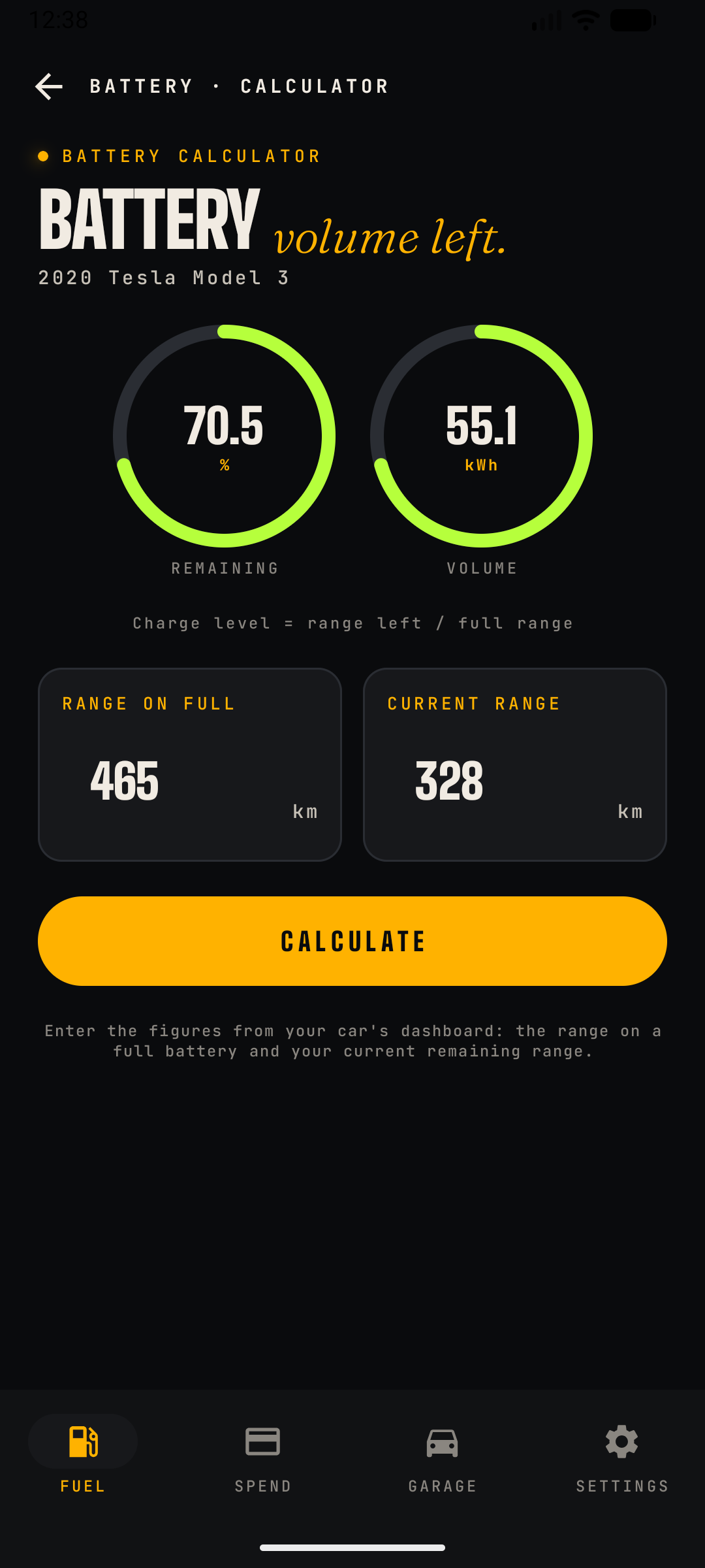 Battery range calculator for an electric car