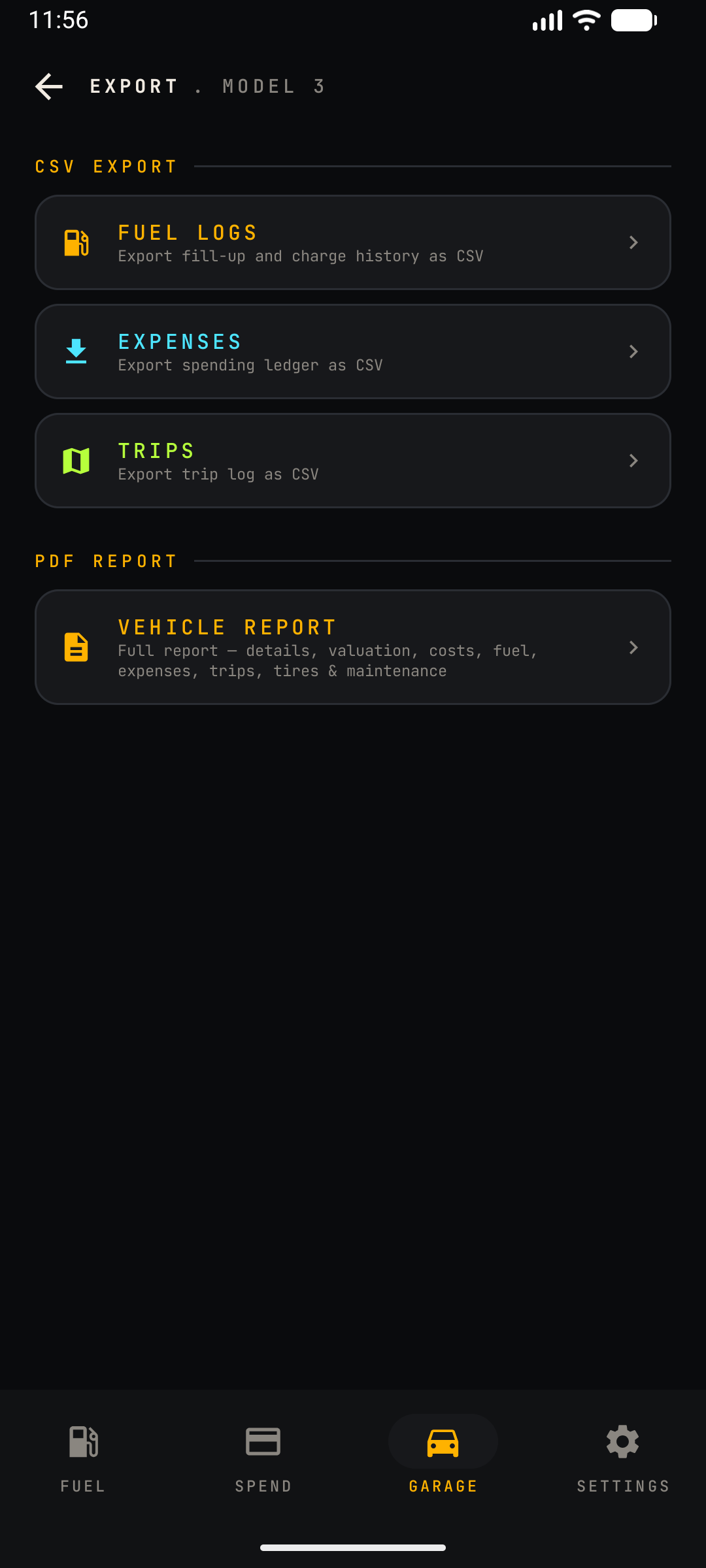 Export screen for an electric car — CSV export and PDF vehicle report