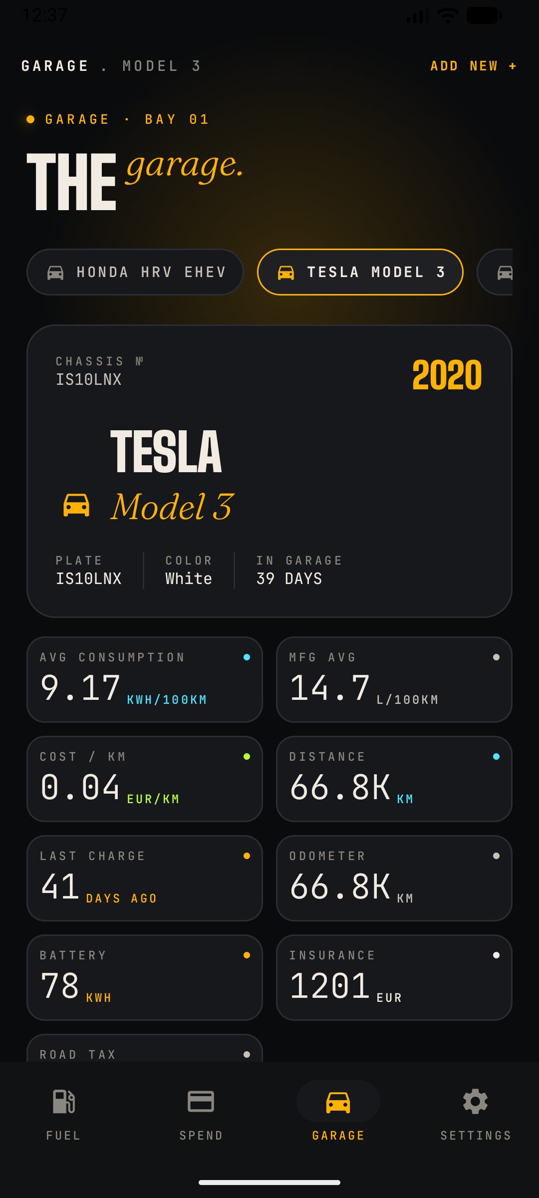 Garage card for a Tesla Model 3 — energy consumption, cost per km, battery capacity