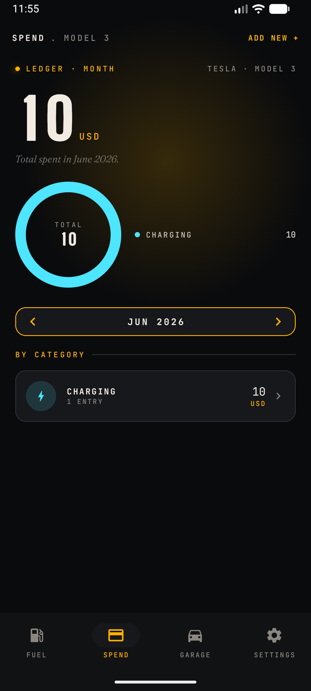 Spend ledger for an electric car scoped to a single month, showing the charging category and the active month period selector