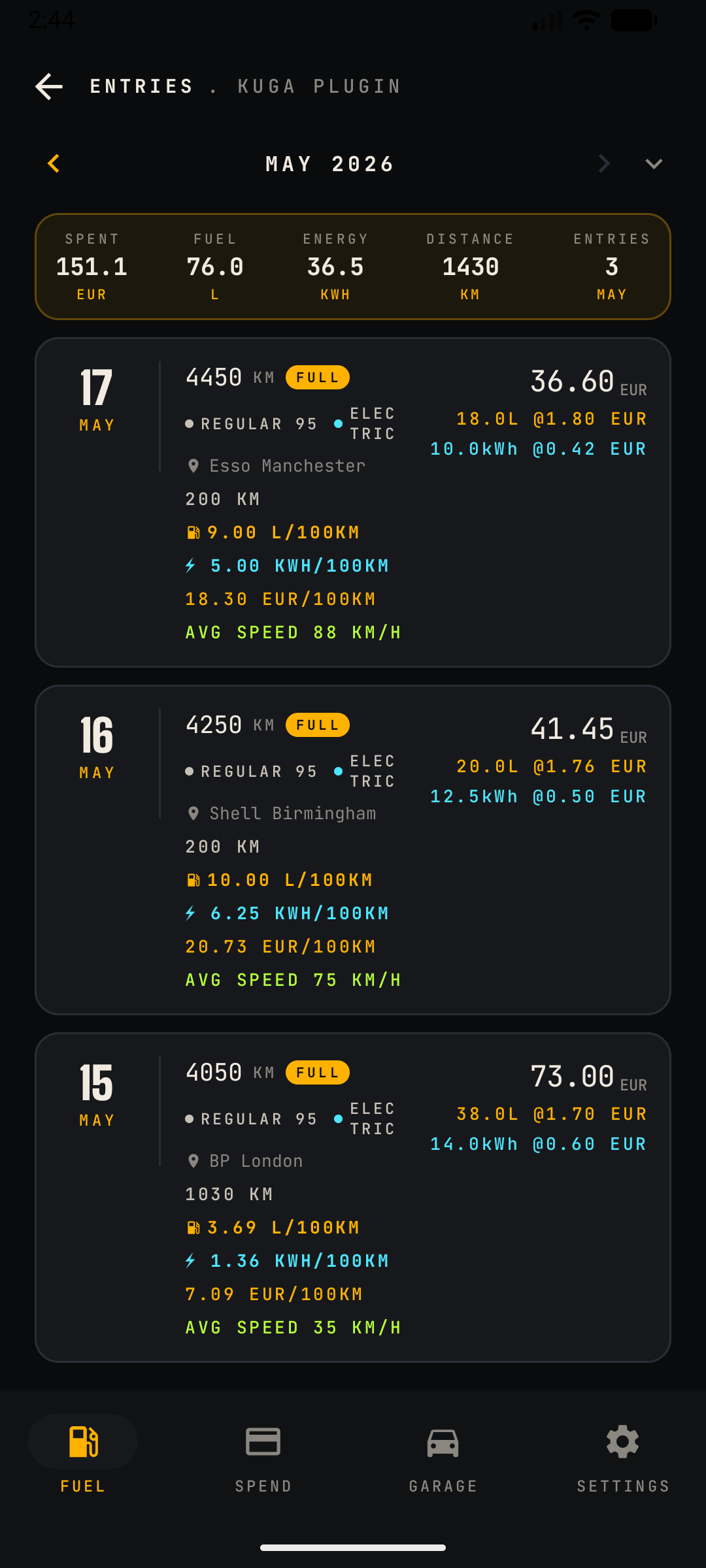 Fuel entries screen — monthly list view with per-fill-up detail cards and a monthly totals strip