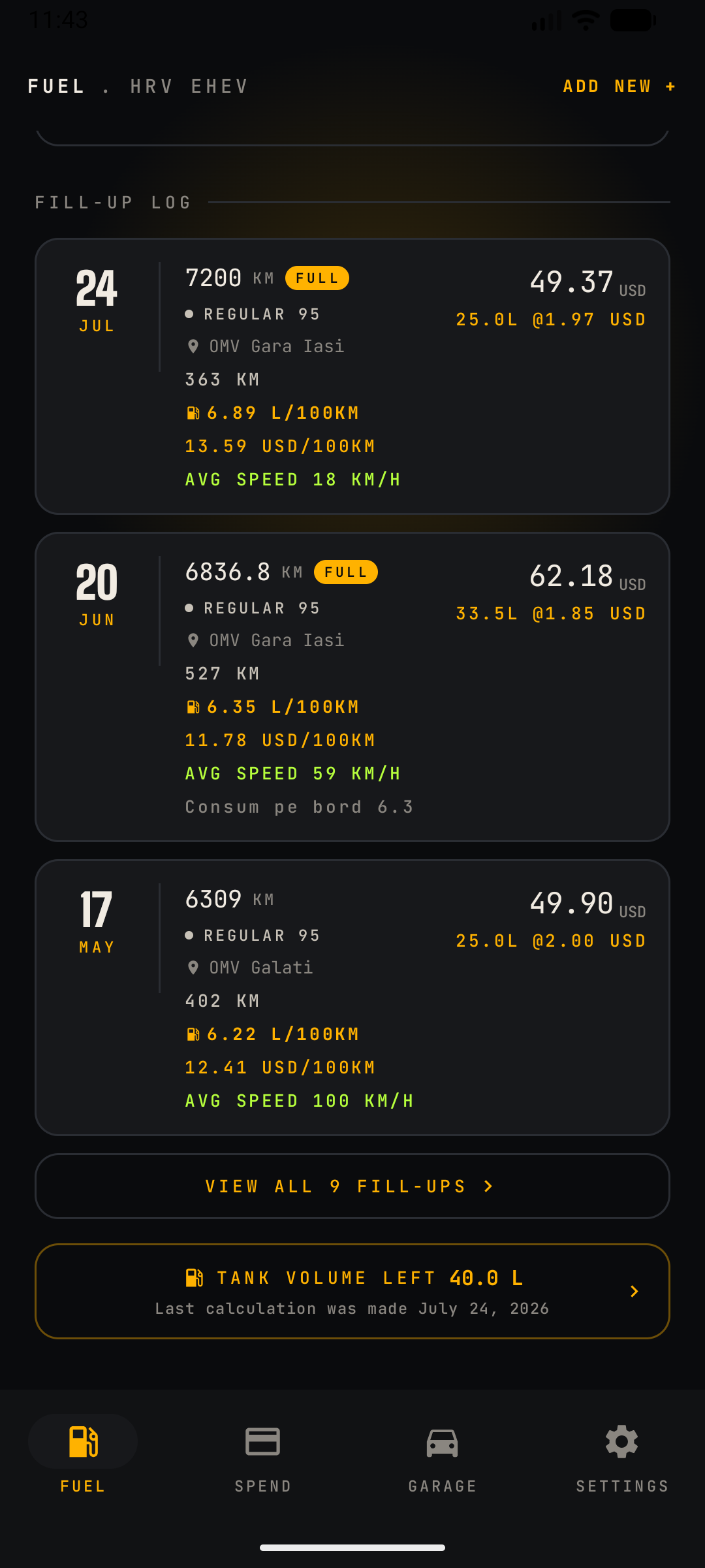 CarSpend Fuel screen scrolled down showing entry log