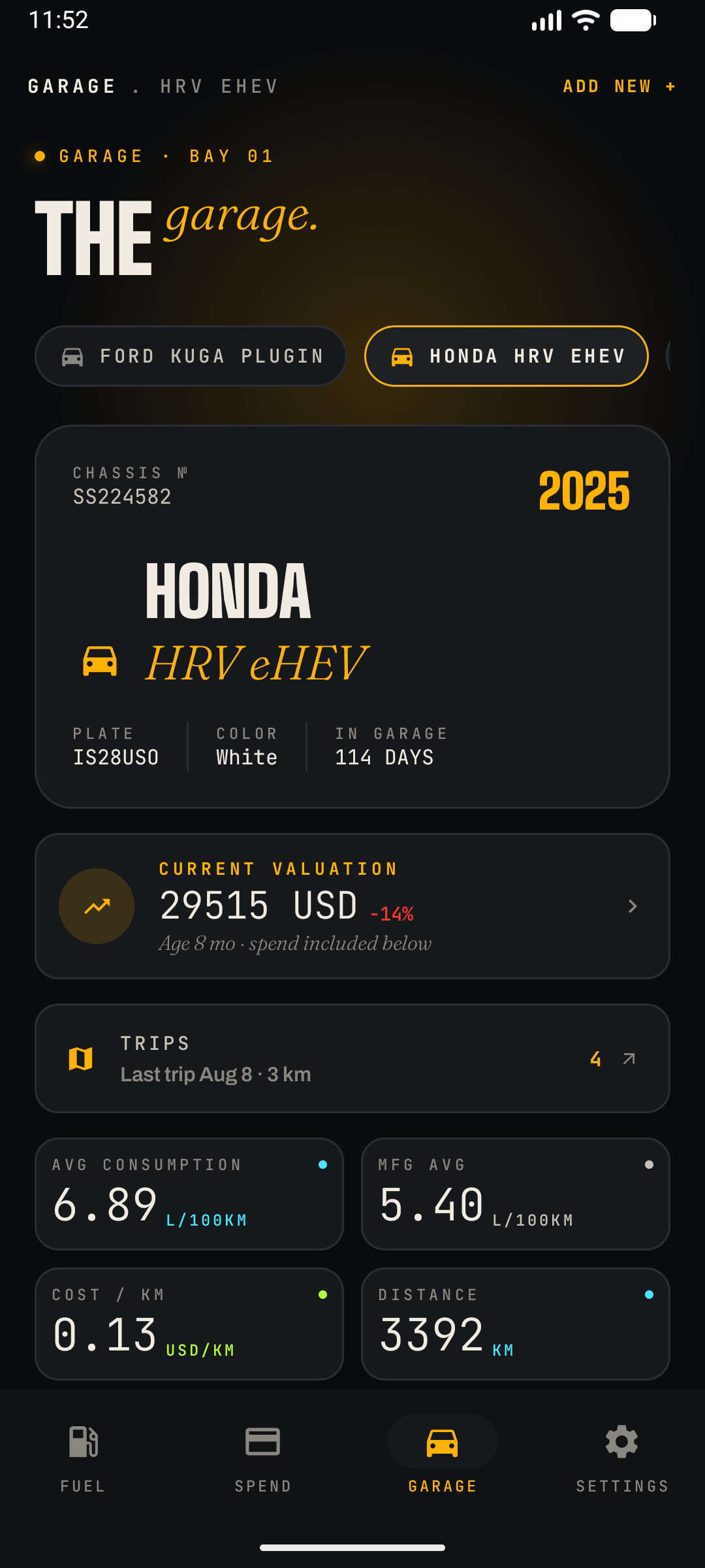 CarSpend Garage screen showing all cars and live stats