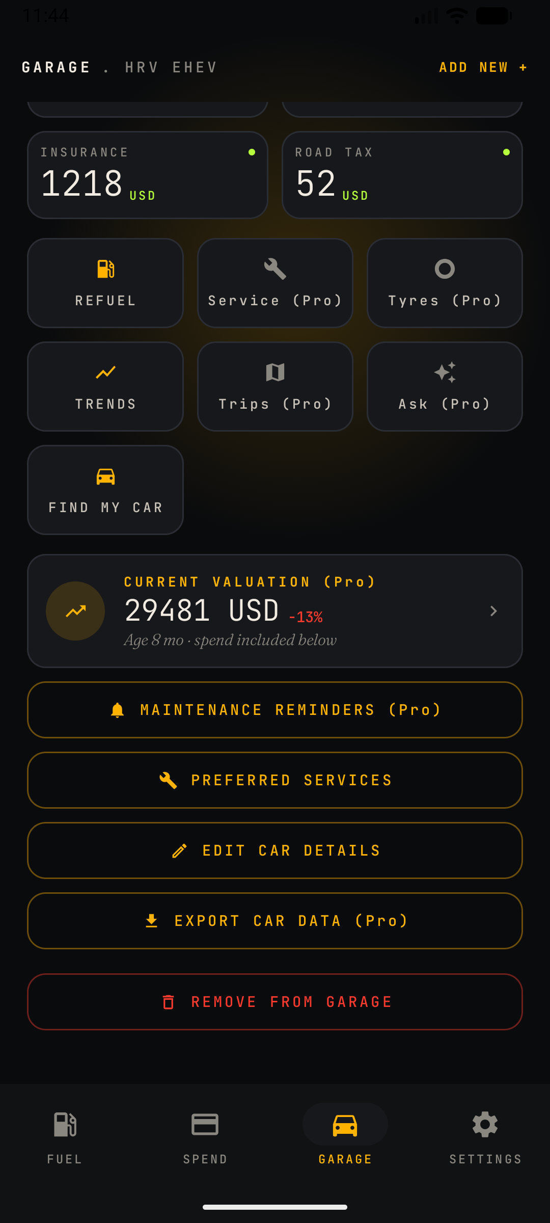 CarSpend Garage screen scrolled down showing more details