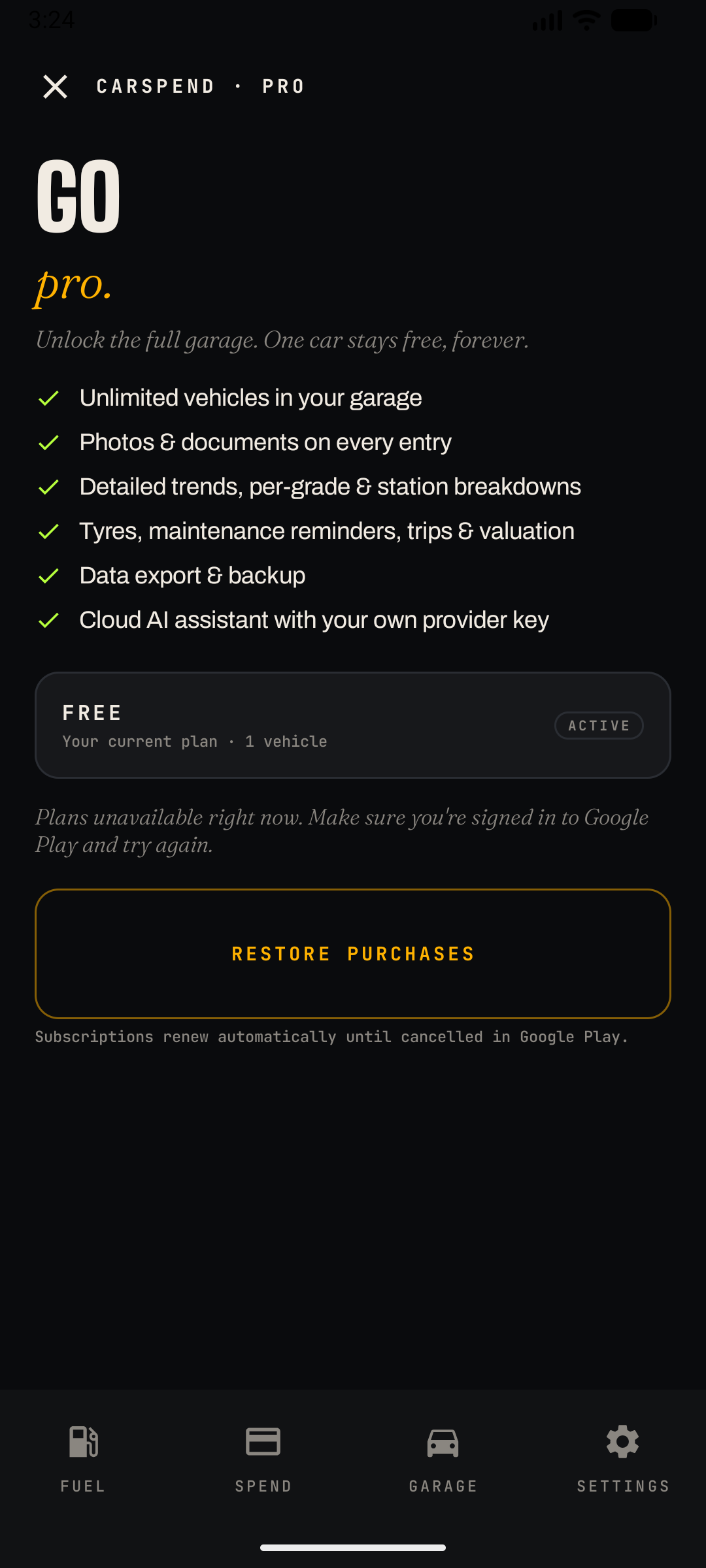 Pro paywall screen — GO pro heading, six-feature checklist, current plan card and Restore Purchases button