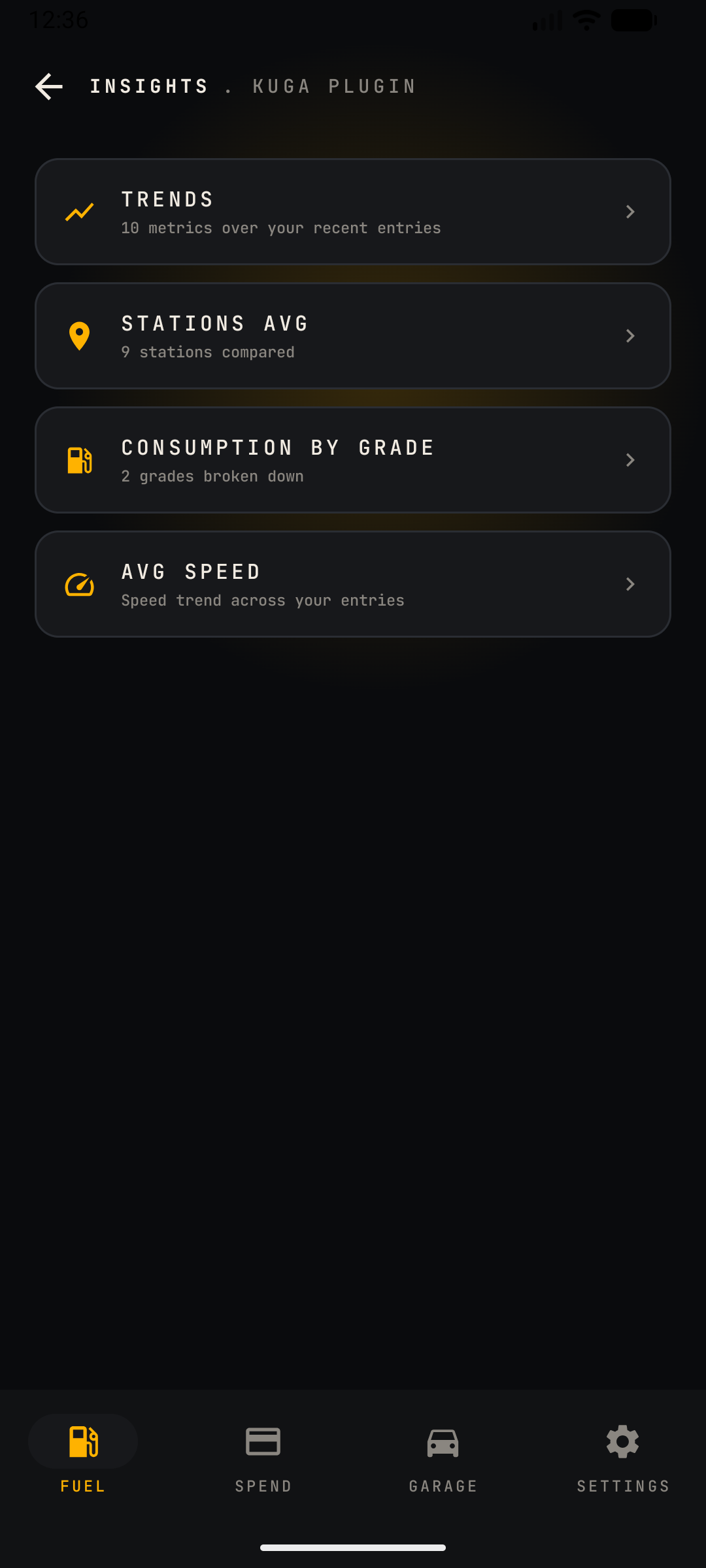 Insights hub for a plug-in hybrid — trends, stations, consumption by grade and average speed