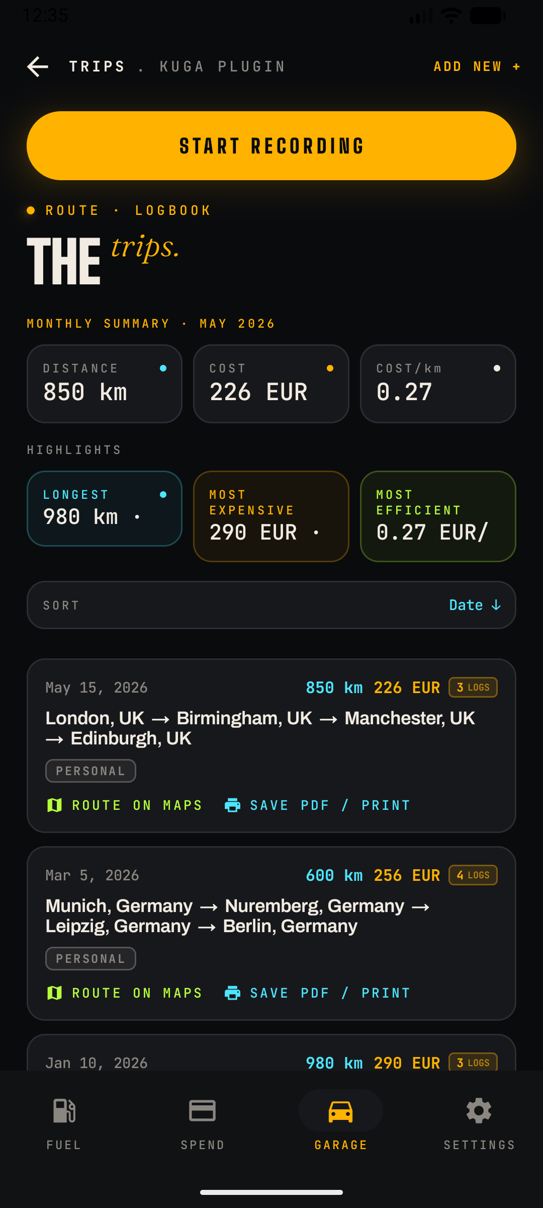 Trips logbook on a plug-in hybrid with monthly summary and route cards