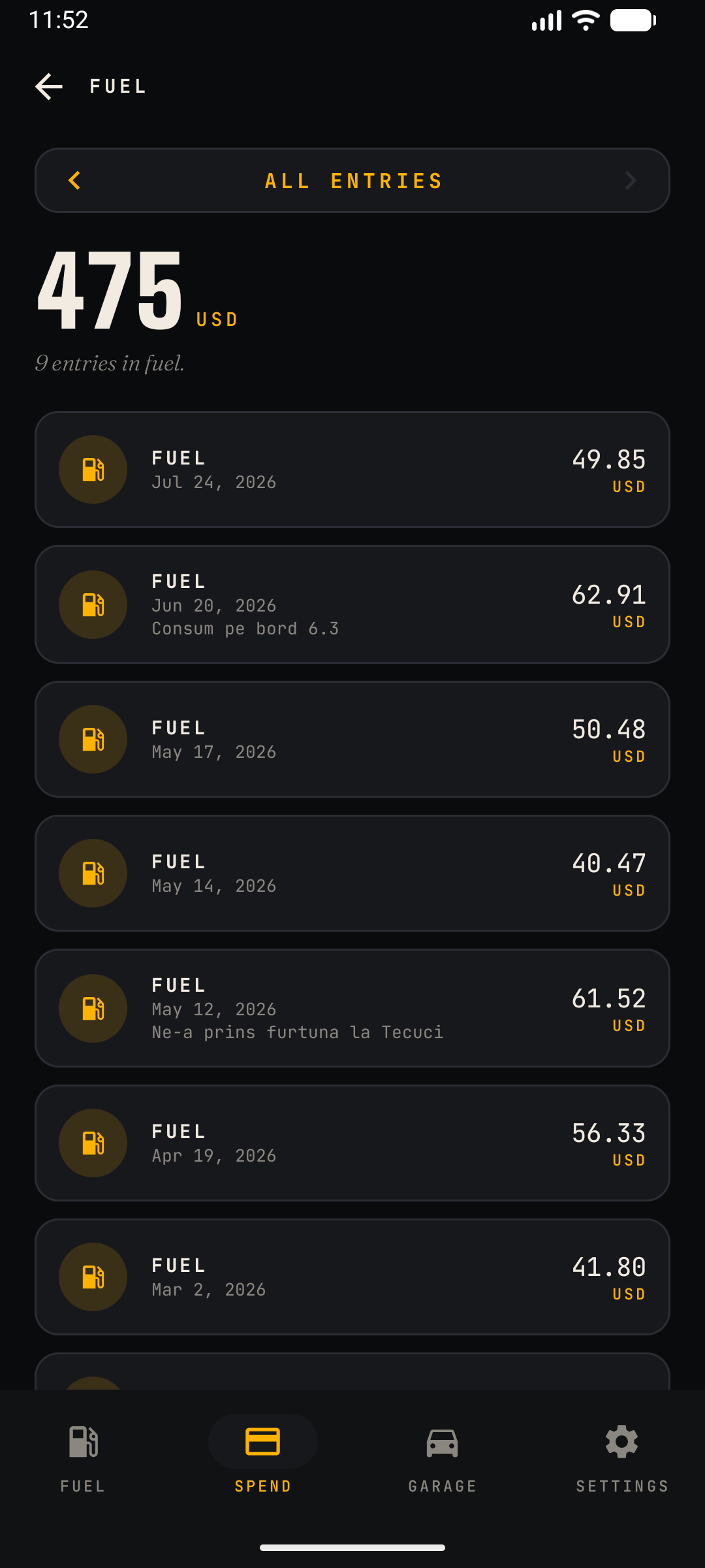 CarSpend Spend category detail — entries for one category, filterable by month or year