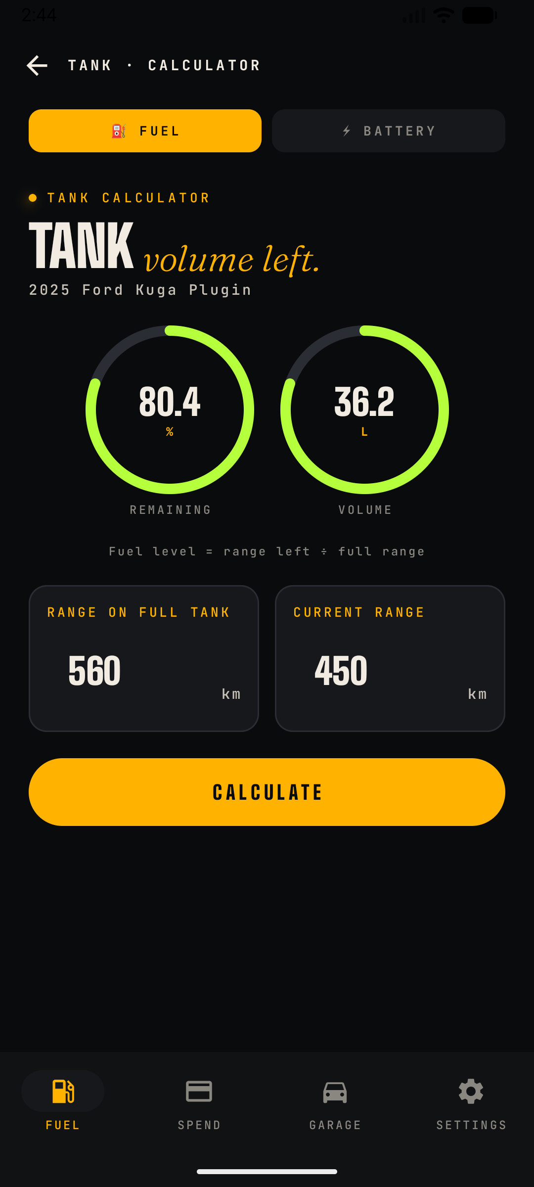 Tank calculator with FUEL/BATTERY toggle buttons visible at the top, FUEL selected, on a plug-in hybrid