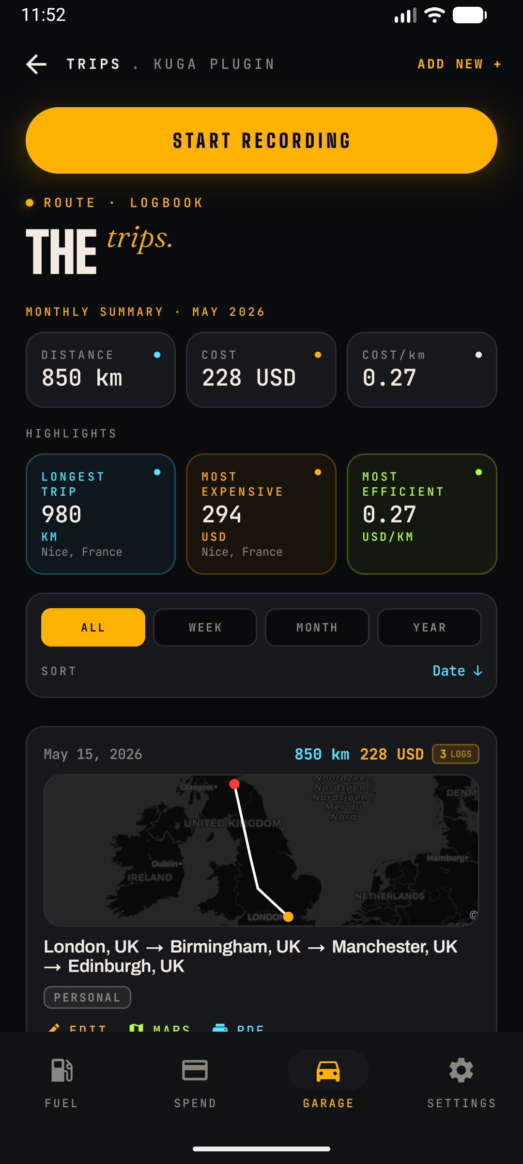 Trips screen — monthly summary, highlights and trip card with named start/via/stop waypoints